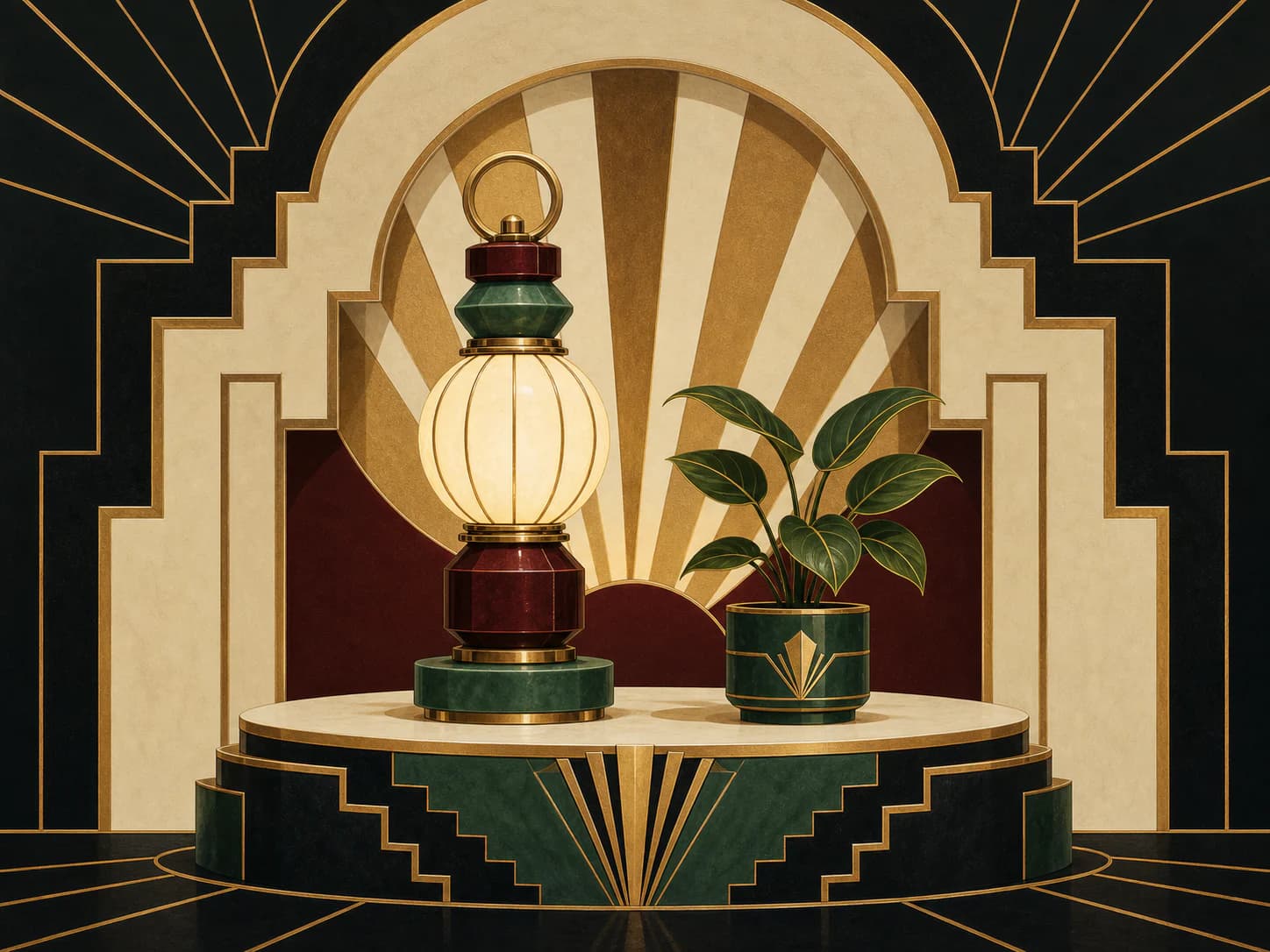 Art Deco geometric graphic specimen: Stepped, symmetrical geometry built from arcs, chevrons and setbacks, where the ornament is constructed rather than drawn.