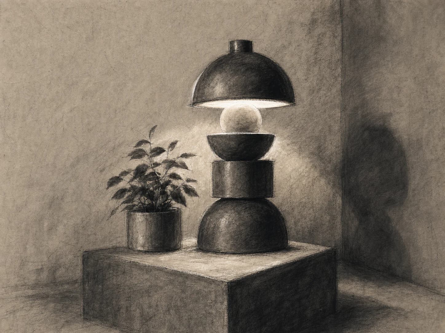 Charcoal tonal drawing specimen: Tone laid in broad charcoal masses and then lifted back out with an eraser, so the drawing is built by removing light rather than adding it.