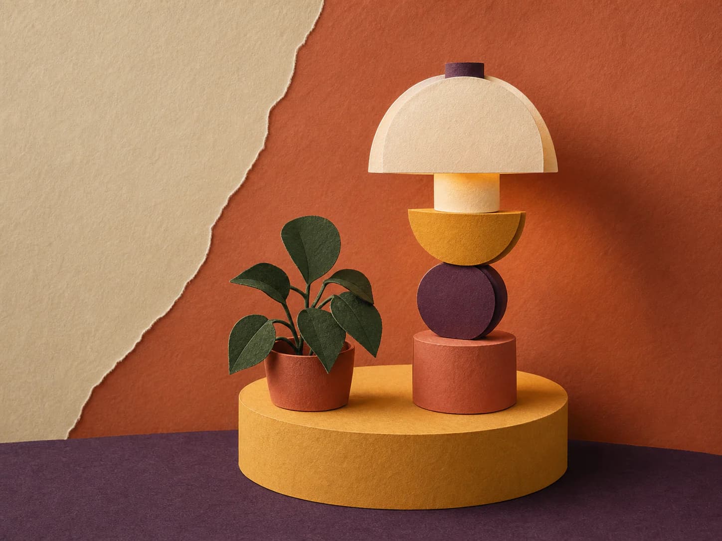 Cut-paper collage specimen: Flat coloured paper cut into shapes and stacked, where real cast shadows between the layers do all the work of depth.