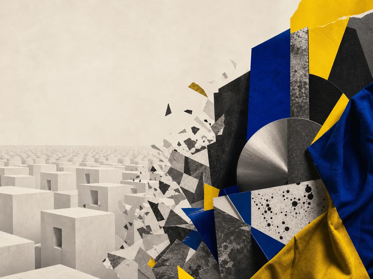 Pale repeated structures breaking into a bold blue, yellow and black composition