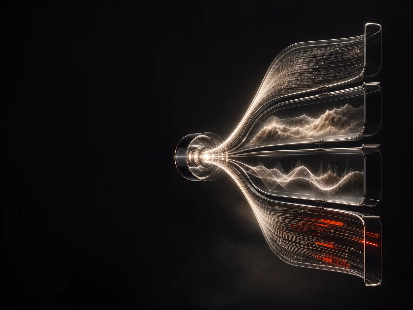 Conceptual glass artwork showing one luminous source unfolding into connected layers