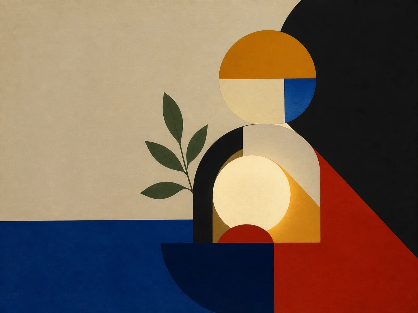 Geometric abstraction specimen: Hard-edged planes and arcs in measured proportional relationships, depicting nothing and therefore never dating or misrepresenting.