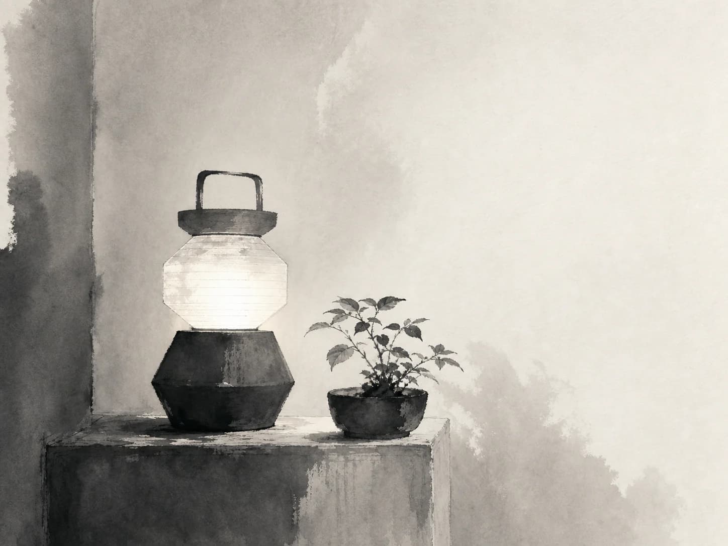 Ink wash drawing specimen: One black ink diluted into a few fixed strengths and brushed on, where the empty paper is composed as deliberately as the marks.