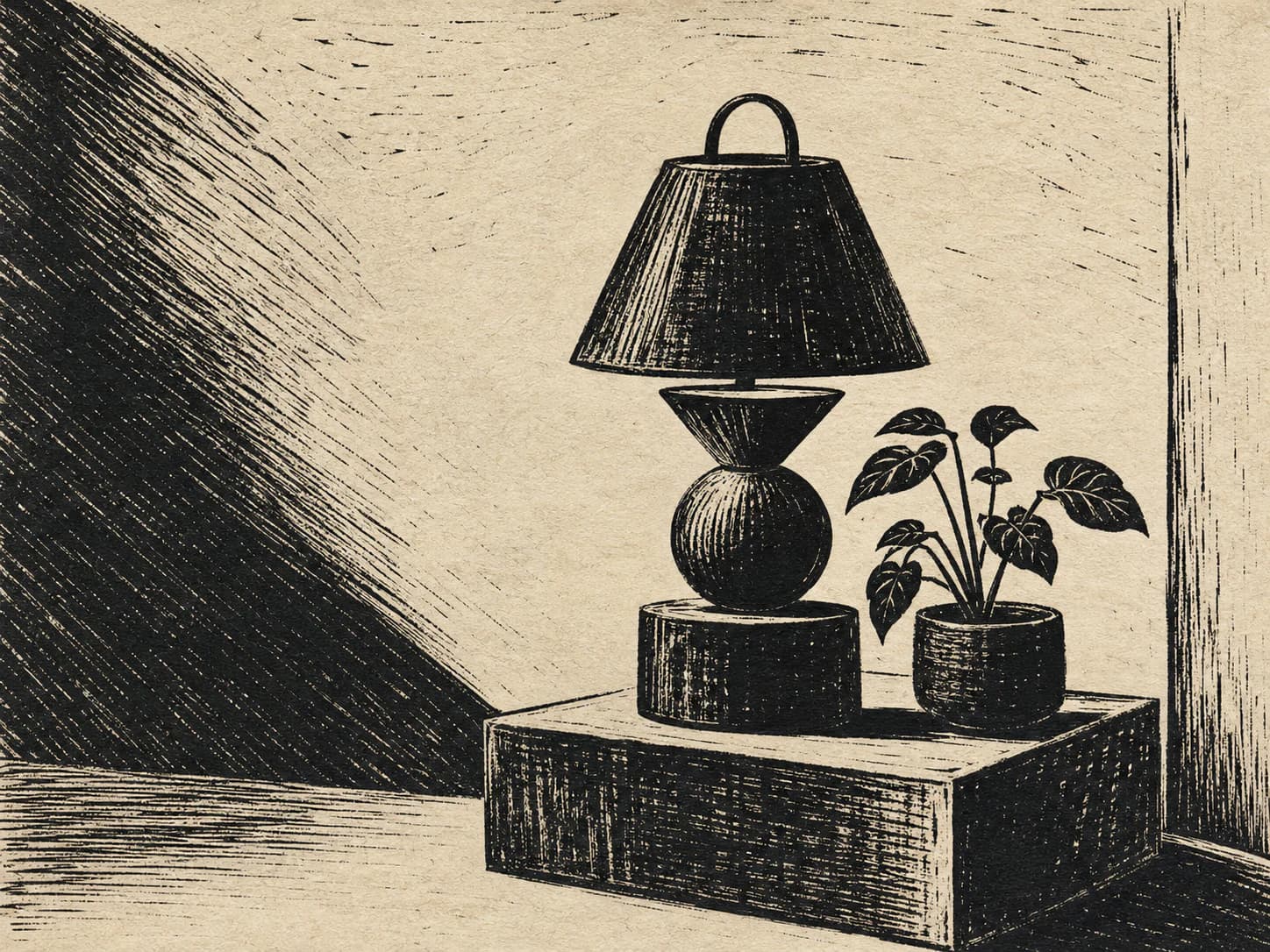 Linocut relief print specimen: An image cut in reverse into a block, where every white mark is a gouge and every black area is what was left standing.