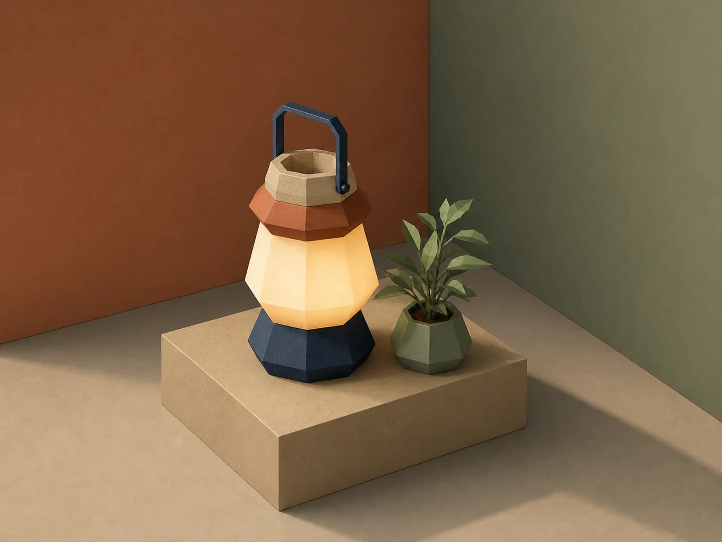 Low-poly isometric render specimen: Deliberately faceted 3D geometry viewed through an isometric camera, so a whole system fits in one frame with no vanishing point.
