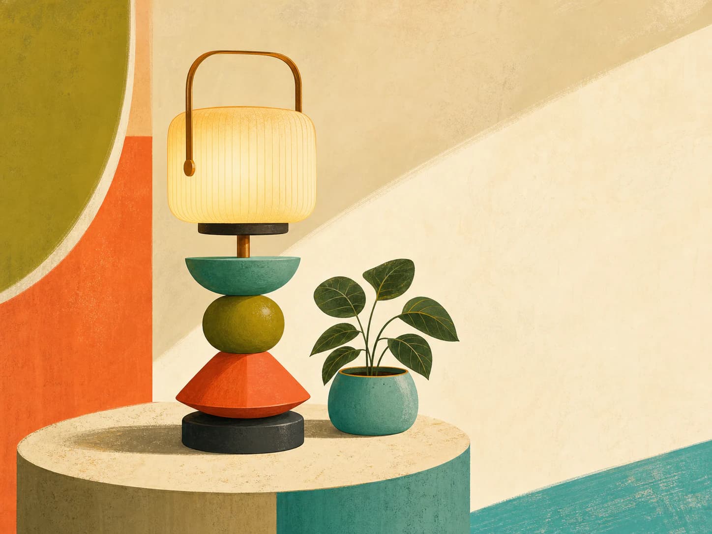 Mid-century commercial illustration specimen: Simplified silhouettes in a deliberately limited overprinted palette, with dry-brush texture inside the flats and outlines that do not quite register.