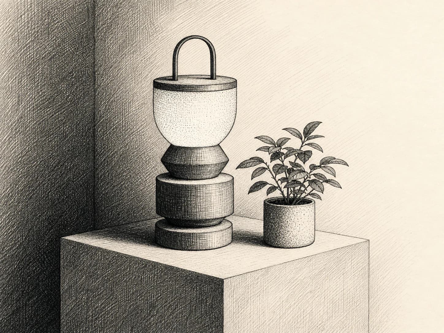 Pen-and-ink crosshatching specimen: Tone made only from crossing sets of parallel lines, so the drawing carries value and volume without a single grey fill.