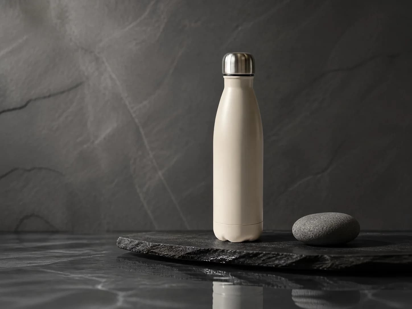 Cream bottle unchanged on dark slate beside water and a smooth stone