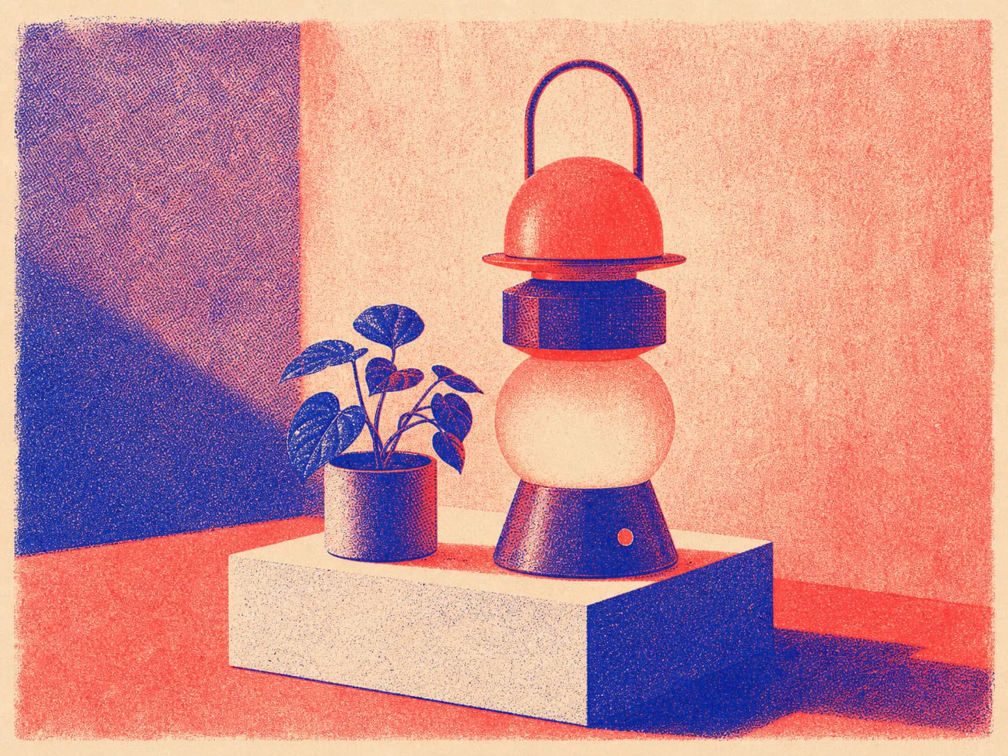 Risograph-like spot-colour print specimen: Two or three fluorescent spot inks printed in separate passes, where the misregistration and the overprint are the point rather than a defect.