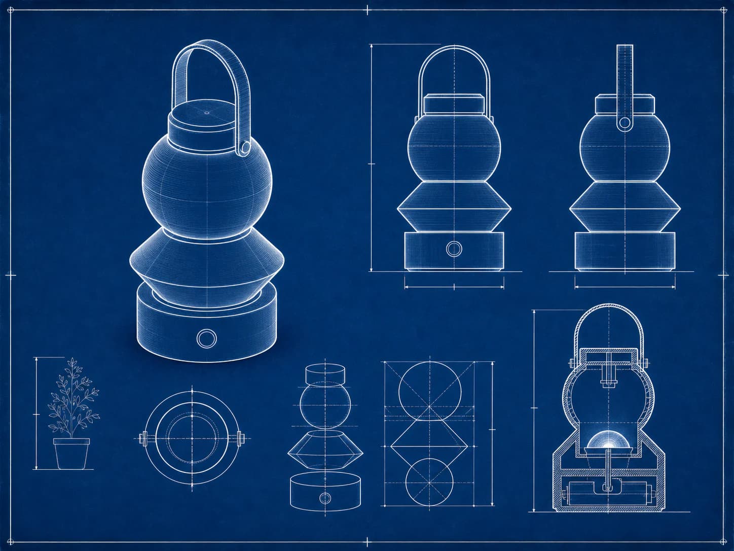 Technical blueprint specimen: Draughted orthographic line drawing with a strict line-weight hierarchy, where the drafting conventions themselves signal rigour.