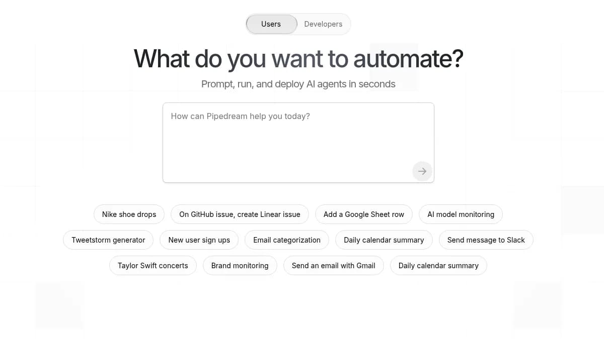 Pipedream homepage asking "What do you want to automate?" above a prompt composer and example automation jobs.
