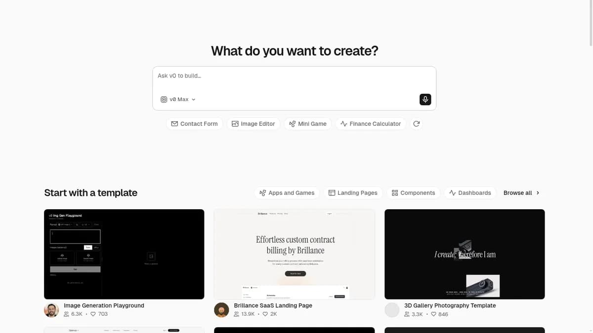 v0 homepage asking "What do you want to create?" above a composer, example tasks, and a template gallery.