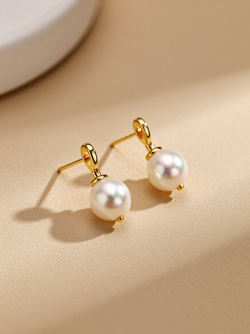 Gold studs and drop earrings arranged in a small still-life