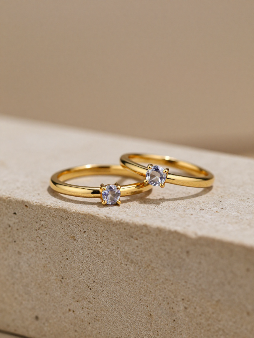 A softly-set solitaire beside a plain gold band on a neutral surface
