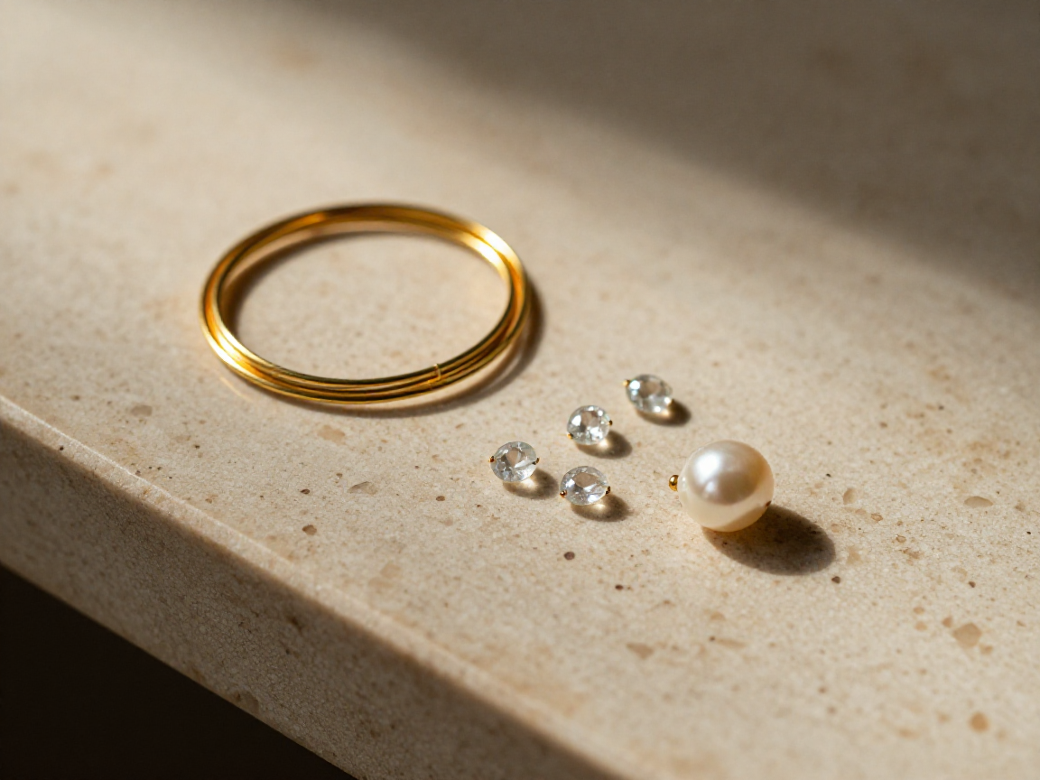 An unset 18k gold ring and hand tools resting on a goldsmith's bench