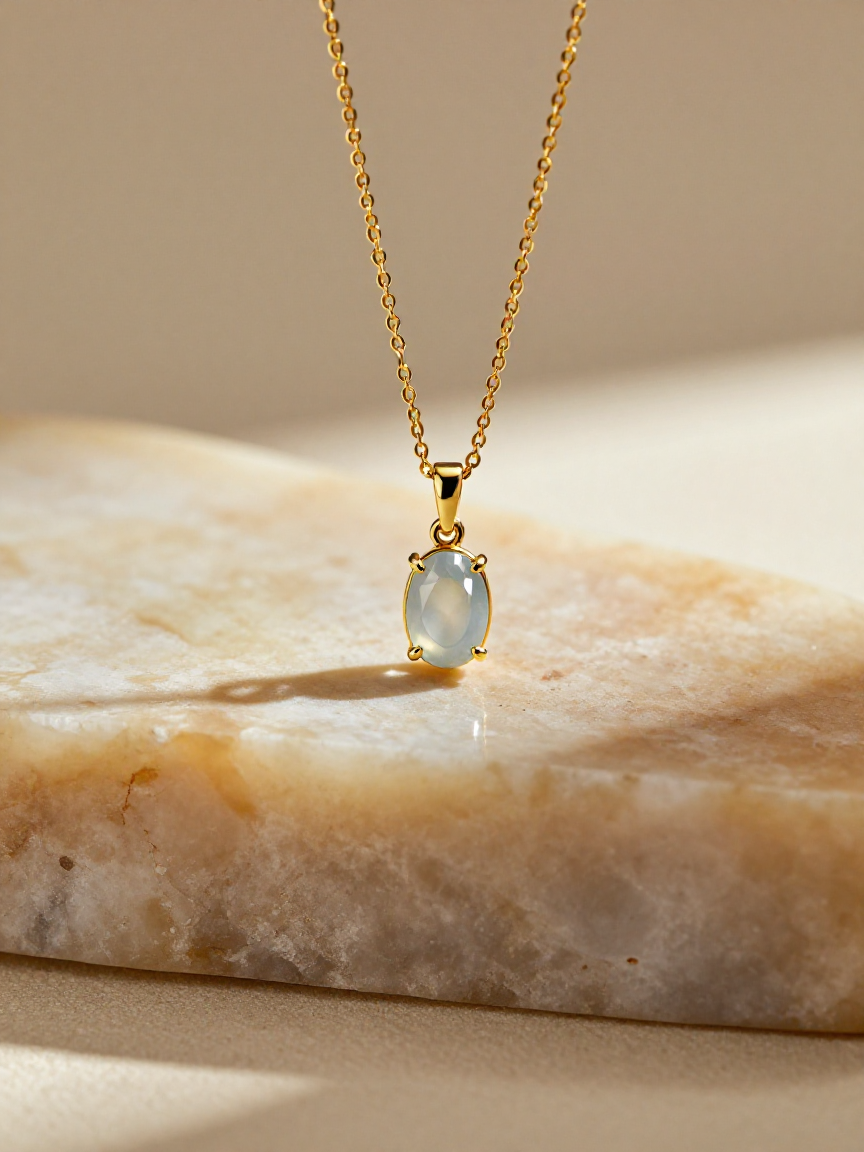 The Meridian pendant in solid 18k yellow gold resting on warm linen, a single freshwater pearl catching low afternoon light.