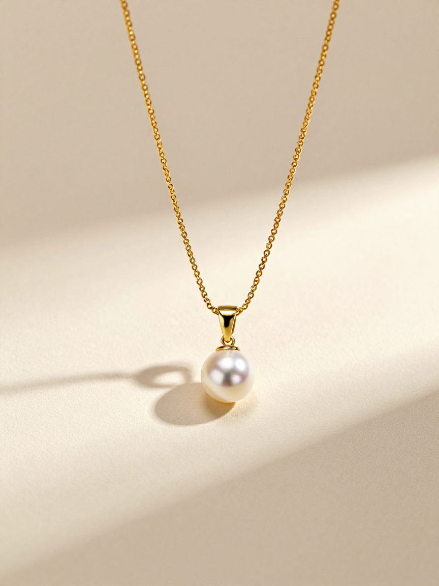 Meridian Pendant in 18k yellow gold holding a single freshwater pearl on a soft neutral ground