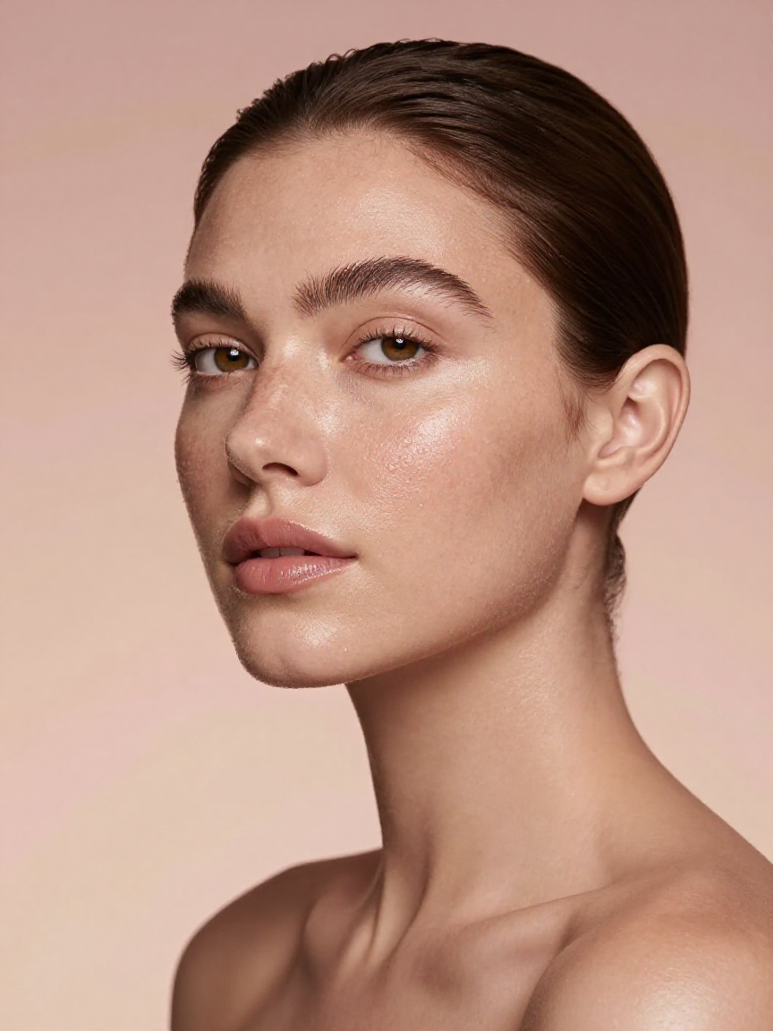 Model with luminous, dewy skin catching soft golden light