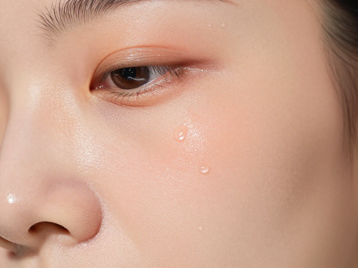 Close-up of luminous, dewy skin after two weeks of the Dew Veil serum