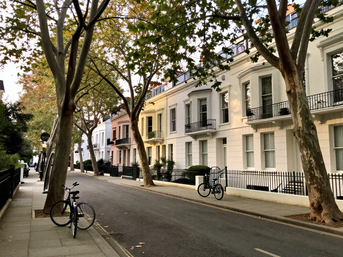 Plane-tree avenue lined with terraced homes in Ashcroft Hill